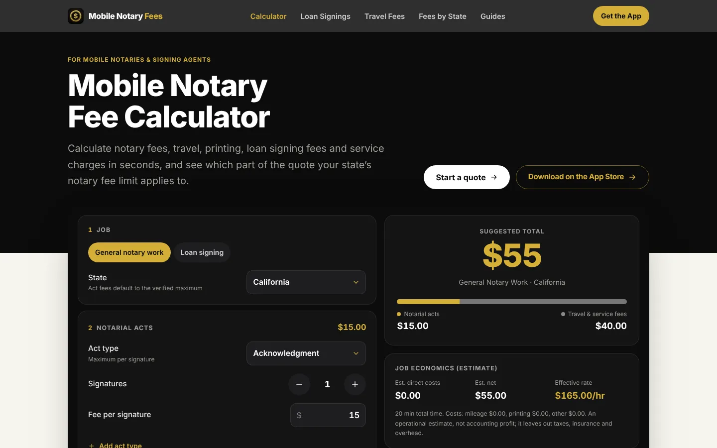 Homepage of the Mobile Notary Fee Calculator website with the fee calculator form.